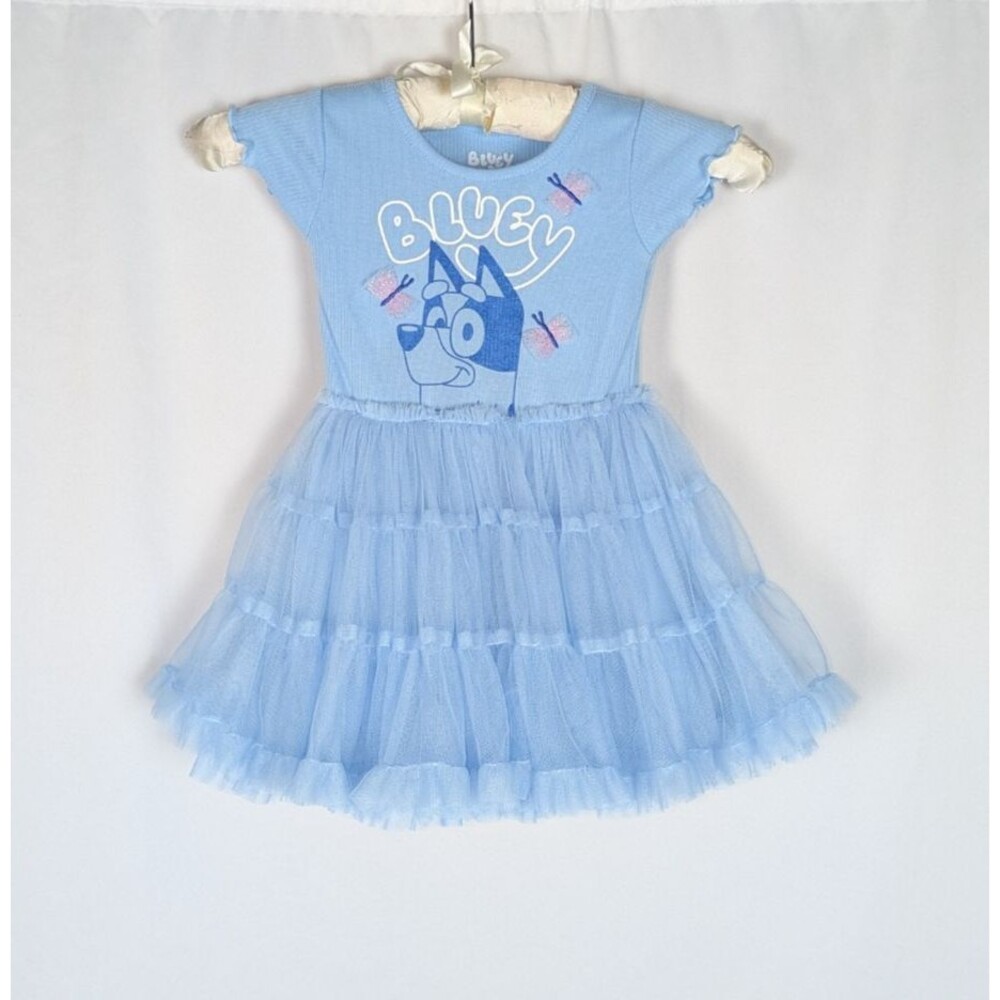 Bluey Tutu Dress 2T Girl's Blue Short Sleeve Tiered Tulle 3D Butterflies Party